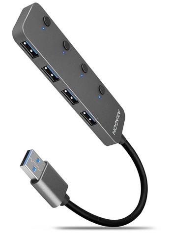 AXAGON HUE-MSA, 4x USB 3.2 Gen 1 SWITCH hub, kovový, micro USB nap. konektor, kabel USB-A 20cm