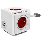 Cubenest Powercube Extended USB PD 20W, A+C, 4× zásuvka, 1,5m, bílá/červená, dětská pojistka, uzemnění, dok, 10A/250V