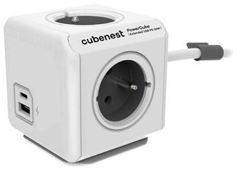 Cubenest Powercube Extended USB PD 20W, A+C, 4× zásuvka, 1,5m, bílá/šedá, dětská pojistka, uzemnění, dok, 10A/250V