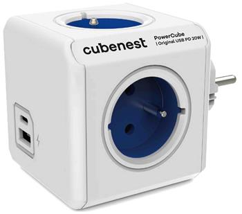 Cubenest Powercube Original USB PD 20W, A+C, 4× zásuvka, bílá/modrá, dětská pojistka, uzemnění, max. 16A/250V~3680W