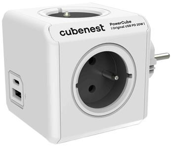 Cubenest Powercube Original USB PD 20W, A+C, 4× zásuvka, bílá/šedá, dětská pojistka, uzemnění, max. 16A/250V~3680W