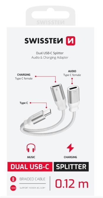 SWISSTEN NABÍJECÍ AUDIO ADAPTÉR TEXTILE USB-C (samec) / 2x USB-C (samice) 0,12 M BÍLÝ